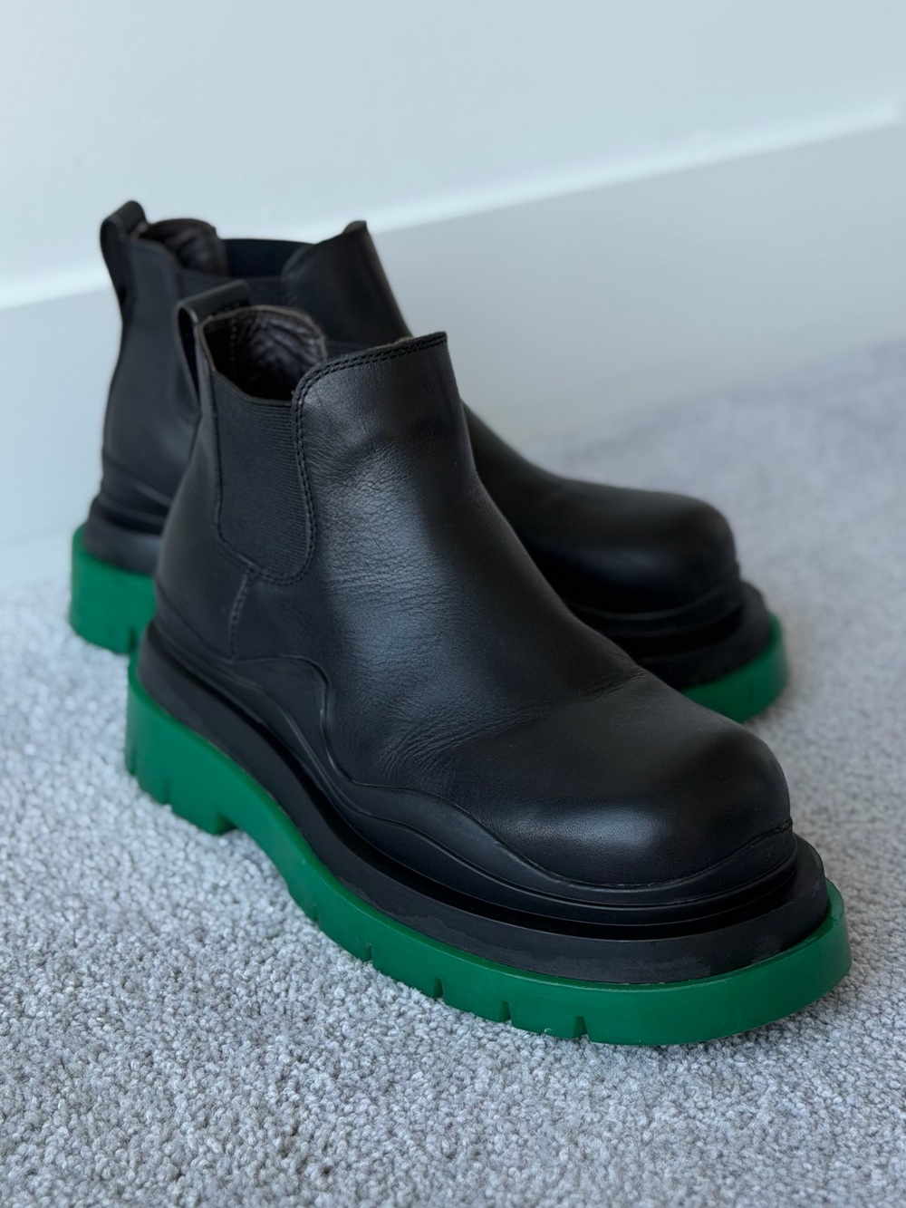 Bottega Veneta Black Leather Chelsea Boots with Green Lug Sole